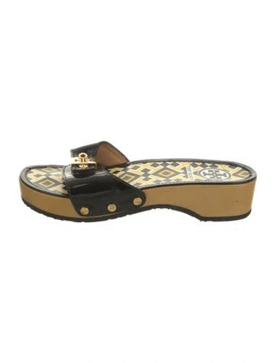 Pre-owned Tory Burch Patent Leather Colorblock Pattern Slides In Black
