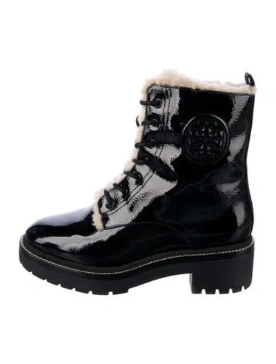 Pre-owned Tory Burch Patent Leather Combat Boots In Black