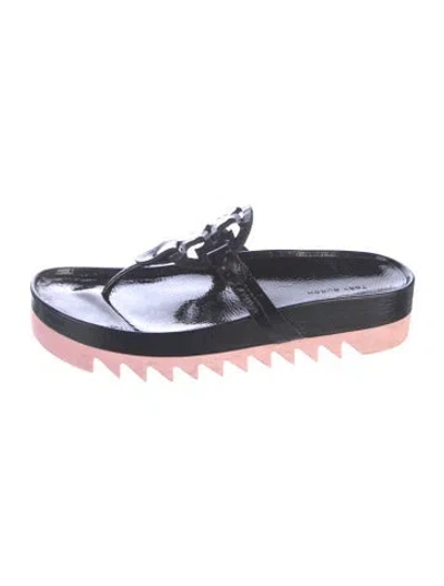 Pre-owned Tory Burch Patent Leather Flip Flops In Black