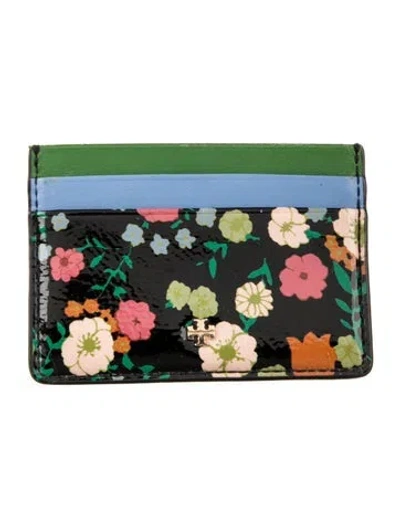 Pre-owned Tory Burch Patent Leather Floral Print Card Holder In Black