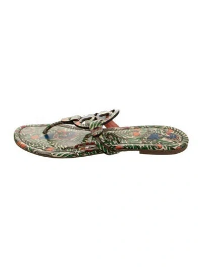 Pre-owned Tory Burch Patent Leather Floral Print Flip Flops In Green