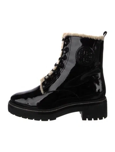 Pre-owned Tory Burch Patent Leather Fur Trim Combat Boots In Black