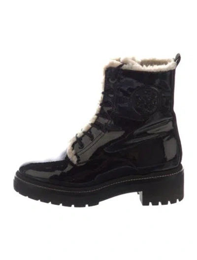 Pre-owned Tory Burch Patent Leather Fur Trim Combat Boots In Blue
