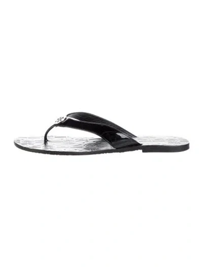 Pre-owned Tory Burch Patent Leather Graphic Print Flip Flops In Black