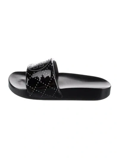Pre-owned Tory Burch Patent Leather Graphic Print Slides In Black