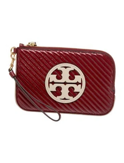 Pre-owned Tory Burch Patent Leather Graphic Print Wristlet In Burgundy