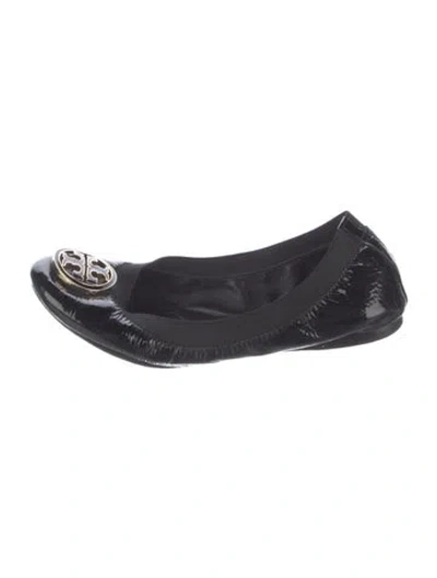 Pre-owned Tory Burch Patent Leather Grosgrain Trim Ballet Flats In Black