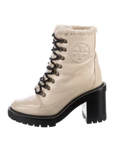 Pre-owned Tory Burch Patent Leather Lace-up Boots In Neutrals