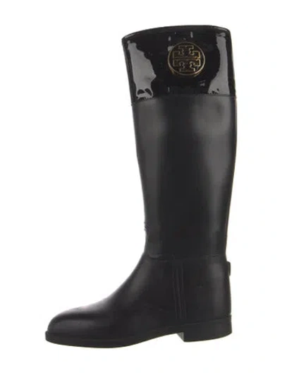 Pre-owned Tory Burch Patent Leather Leather Trim Embellishment Riding Boots In Black