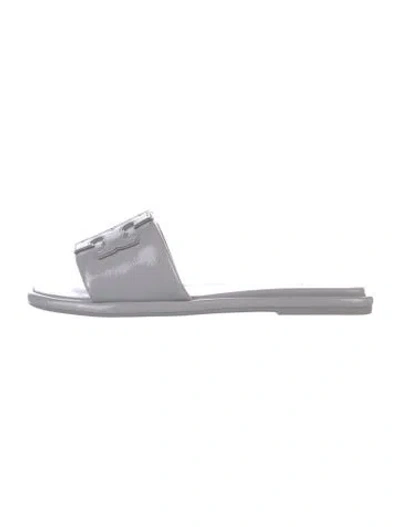 Pre-owned Tory Burch Patent Leather Leather Trim Embellishment Slides In Grey