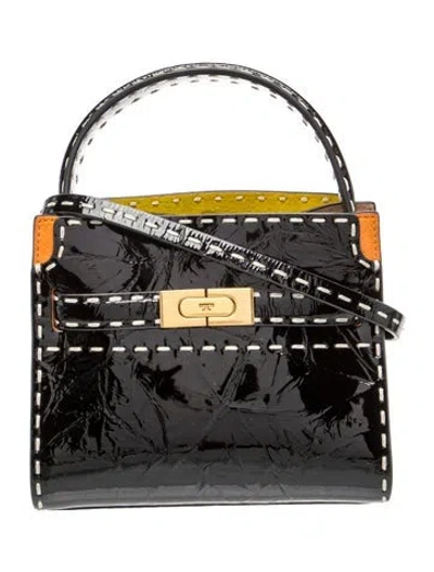 Pre-owned Tory Burch Patent Leather Lee Radziwill Pickstitch Double Bag Petite In Black