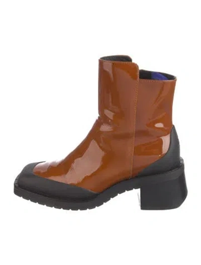 Pre-owned Tory Burch Patent Leather Moto Boots In Brown