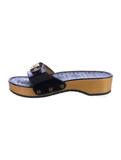 Pre-owned Tory Burch Patent Leather Plaid Print Slides In Blue