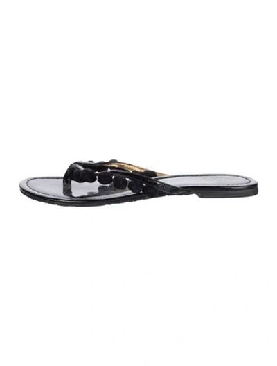 Pre-owned Tory Burch Patent Leather Pom-pom Embellishments Slides In Black