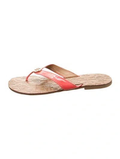 Pre-owned Tory Burch Patent Leather Printed Flip Flops In Red