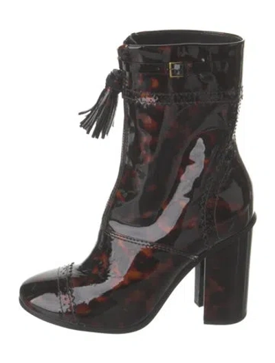 Pre-owned Tory Burch Patent Leather Printed Lace-up Boots In Brown