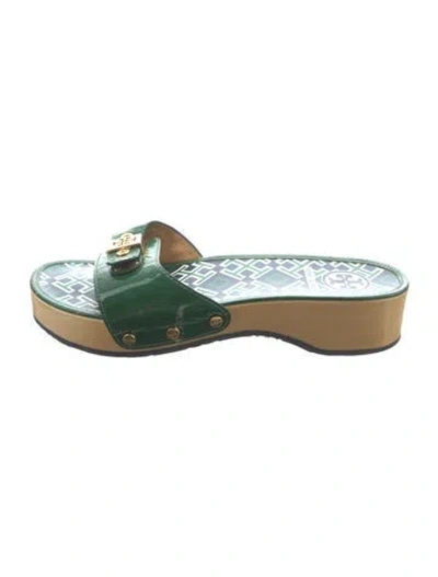 Pre-owned Tory Burch Patent Leather Printed Slides In Green