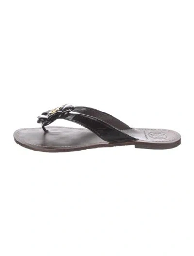 Pre-owned Tory Burch Patent Leather Ruffle Embellishment Flip Flops In Black
