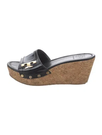 Pre-owned Tory Burch Patent Leather Slides In Black