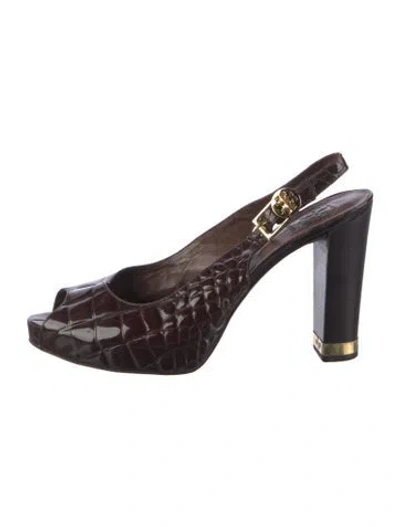 Pre-owned Tory Burch Patent Leather Slingback Pumps In Brown