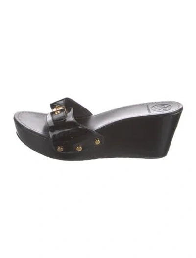 Pre-owned Tory Burch Patent Leather Studded Accents Slides In Black