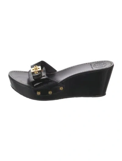 Pre-owned Tory Burch Patent Leather Studded Accents Slides In Black