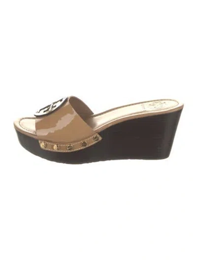 Pre-owned Tory Burch Patent Leather Studded Accents Slides In Brown