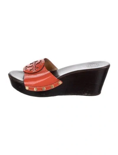 Pre-owned Tory Burch Patent Leather Studded Accents Slides In Brown