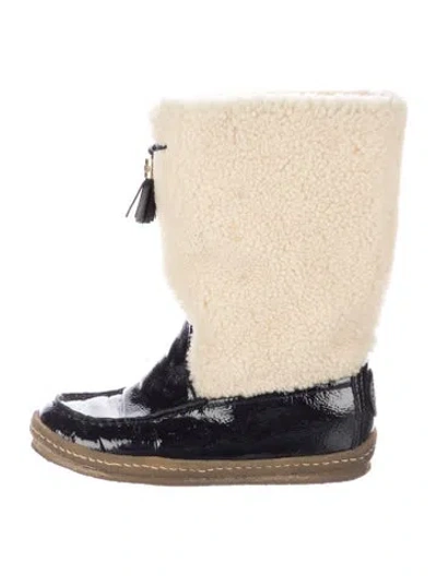 Pre-owned Tory Burch Patent Leather Tassel Accents Snow Boots In Neutrals