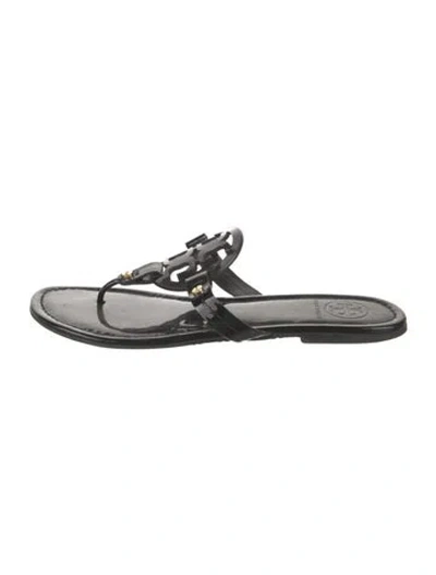 Pre-owned Tory Burch Patent Leather T-strap Sandals In Black