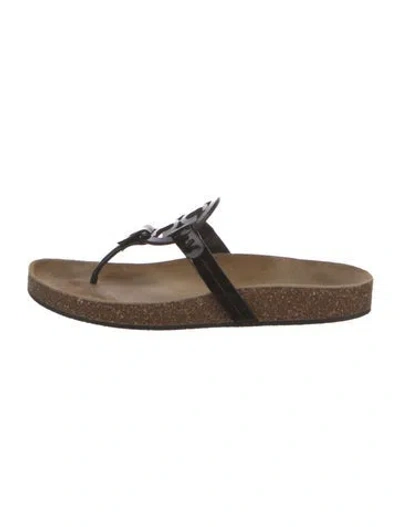 Pre-owned Tory Burch Patent Leather T-strap Sandals In Black