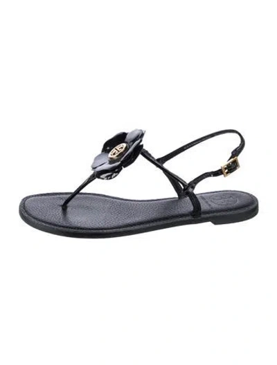 Pre-owned Tory Burch Patent Leather T-strap Sandals In Black