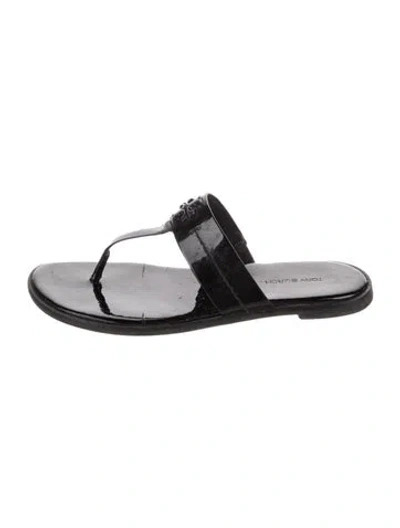 Pre-owned Tory Burch Patent Leather Whipstitch Trim Flip Flops In Black