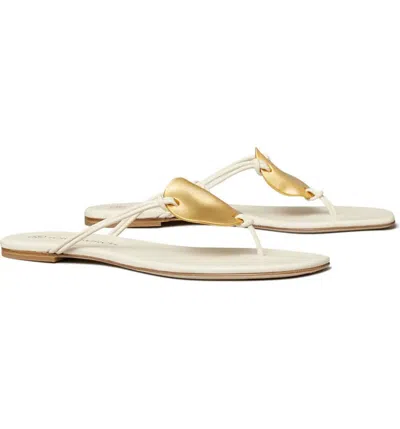 Pre-owned Tory Burch Patos Disk Leather Thong Sandal Ivory Gold Us 7.5 8 8.5 9 Authntc In White