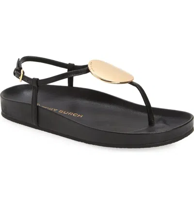 Pre-owned Tory Burch Patos Disk Thong Cloud Leather Sandal Black Us 8 Authentic