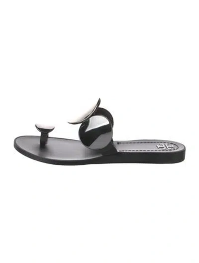 Pre-owned Tory Burch Patos Leather Slides In Black