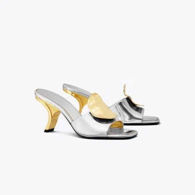 Tory Burch Patos Mismatched Heeled Mule In Silver