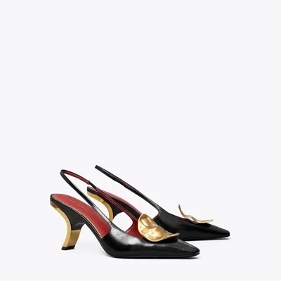 Tory Burch Patos Mismatched Slingback Heel In Perfect Black/gold