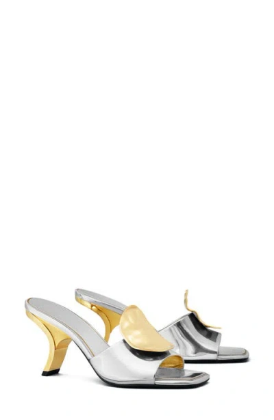 Tory Burch Patos Disc Metallic Mule Sandals In Argento/gold