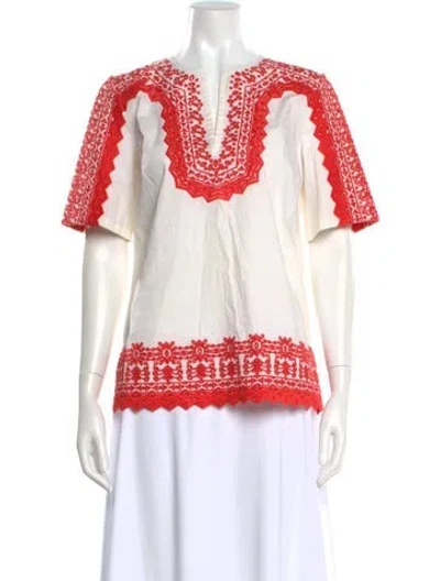 Pre-owned Tory Burch Patterned Crew Neck Blouse In White