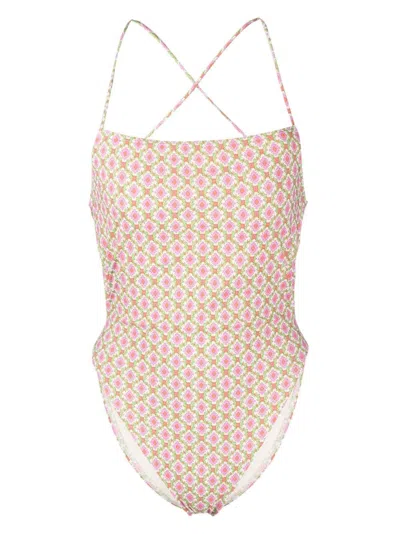 Tory Burch Patterned Cross-strap Swimsuit In Neutrals