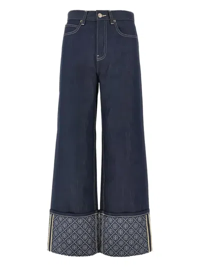 Tory Burch Patterned Cuff Jeans In Blue