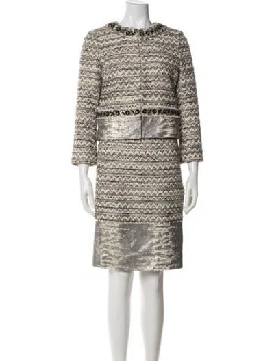 Pre-owned Tory Burch Patterned Leather Trim Embellishment Skirt Suit In Neutral