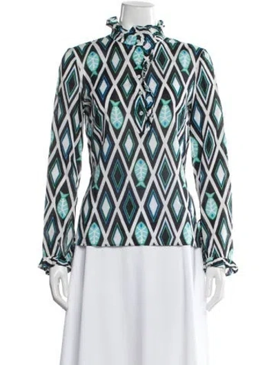 Pre-owned Tory Burch Patterned Long Sleeve Blouse In Blue