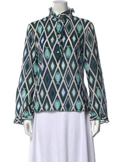 Pre-owned Tory Burch Patterned Long Sleeve Blouse In Blue