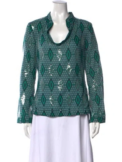 Pre-owned Tory Burch Patterned Long Sleeve Blouse In Green