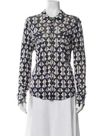 Pre-owned Tory Burch Patterned Long Sleeve Button-up Top In Blue