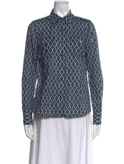 Pre-owned Tory Burch Patterned Long Sleeve Button-up Top In Blue