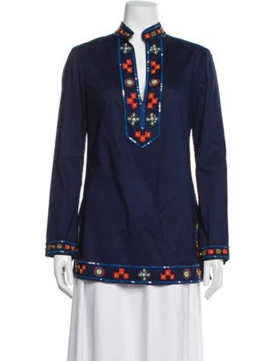 Pre-owned Tory Burch Patterned Long Sleeve Tunic In Blue