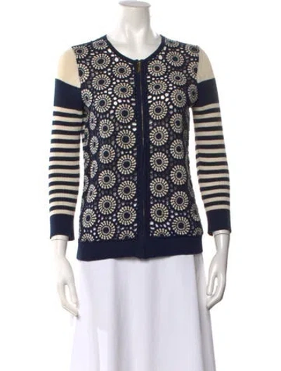 Pre-owned Tory Burch Patterned Open Front Sweater In Blue